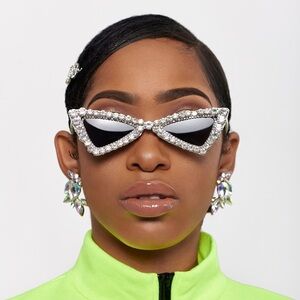 Rhinestone Bow Cat Eye Sunglasses | White Frame Glam Statement Shades